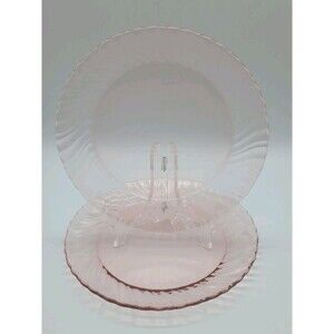 2 Glass 9" Plates Arcoroc Rosaline Pink Swirl Optic France 1980s
